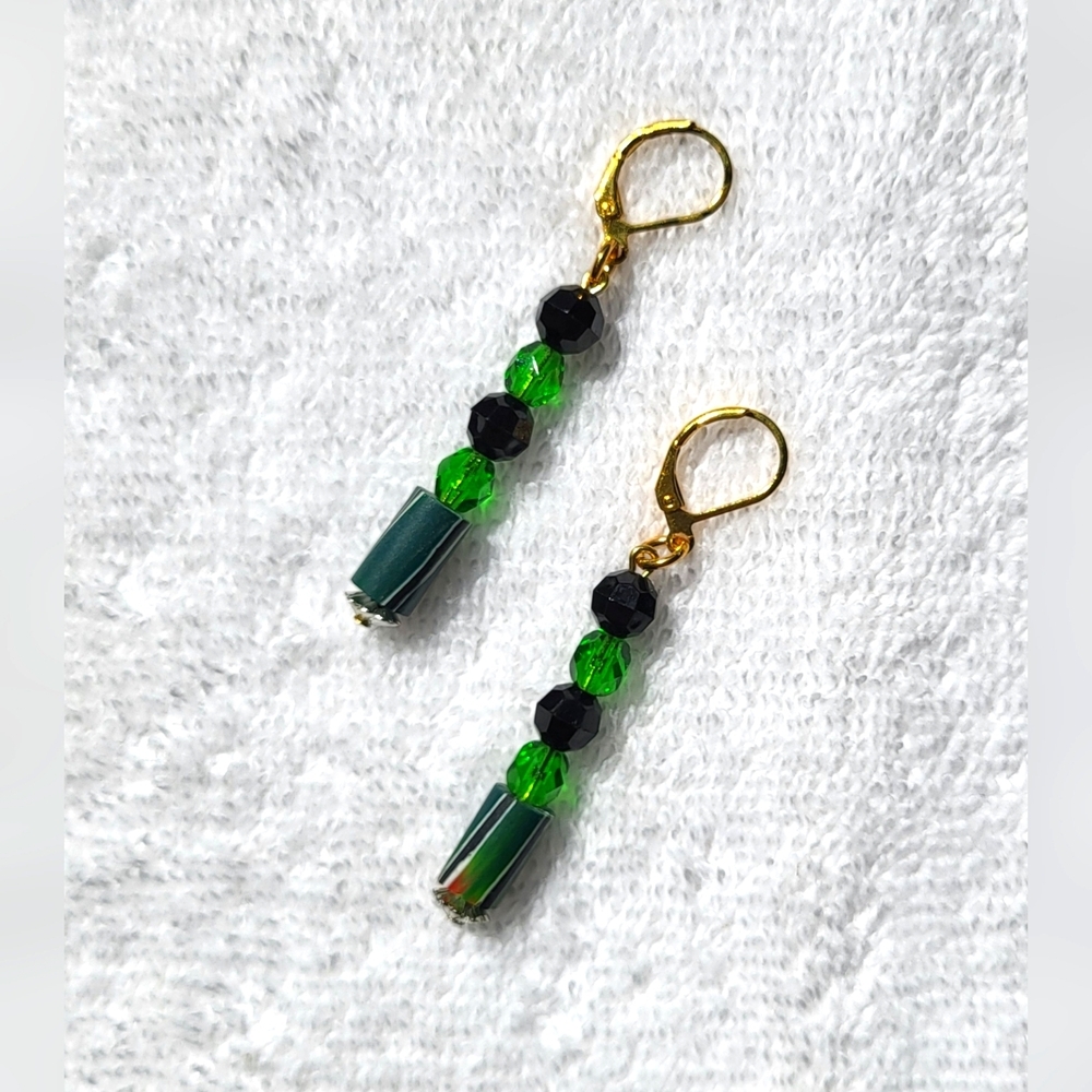 ARTISAN Black and Green Beaded Statement Dangle Earrings / Pierced